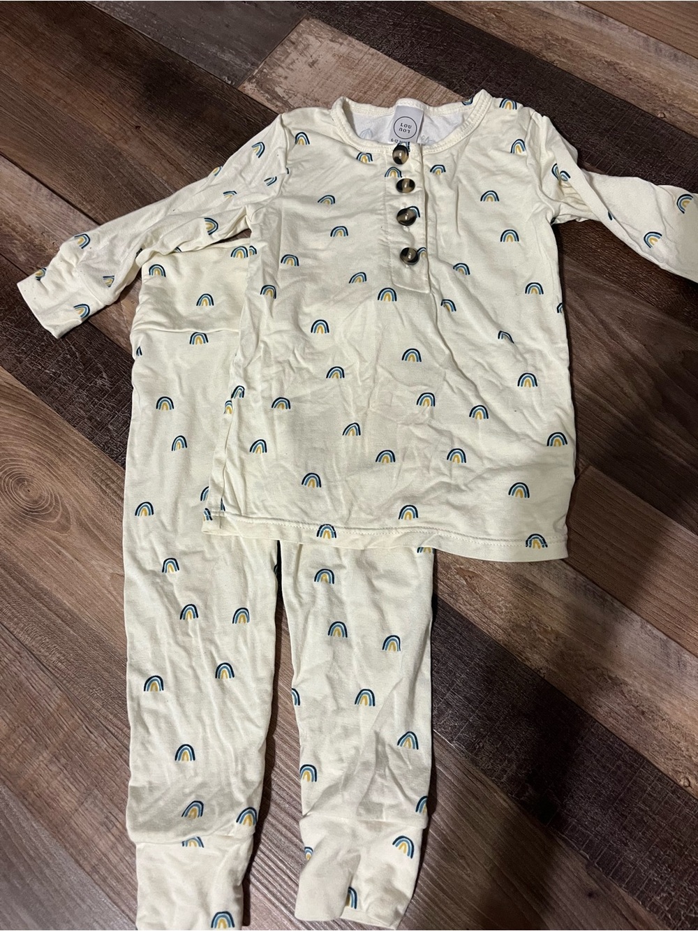 Lou Lou & Company Cream Pajama Set with Tiny Blue & Yellow Rainbows